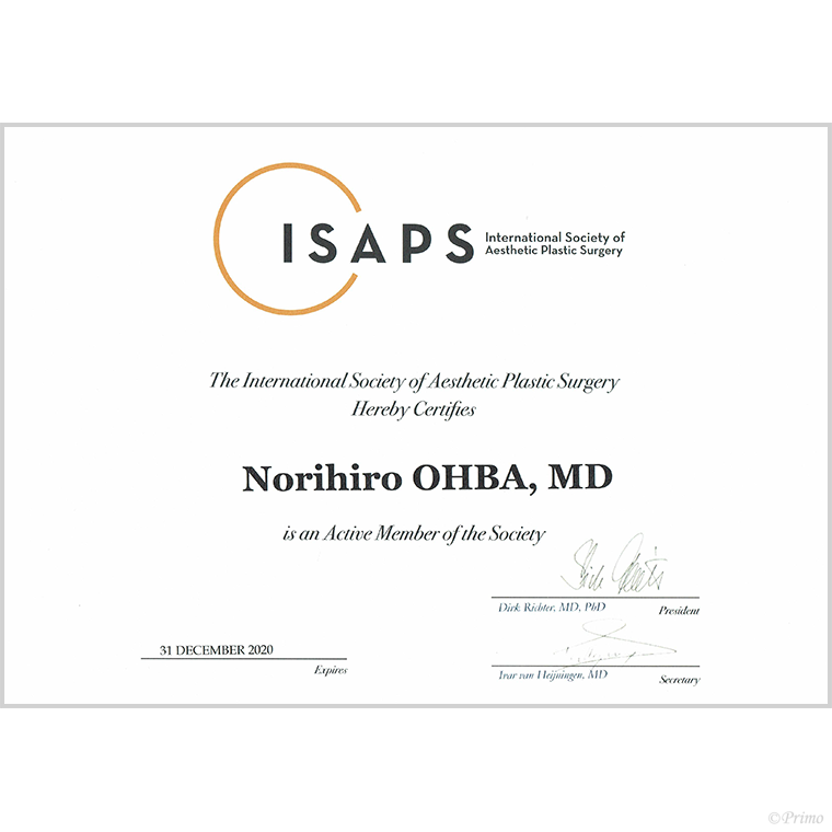 国際美容外科学会（ISAPS）正会員認定証